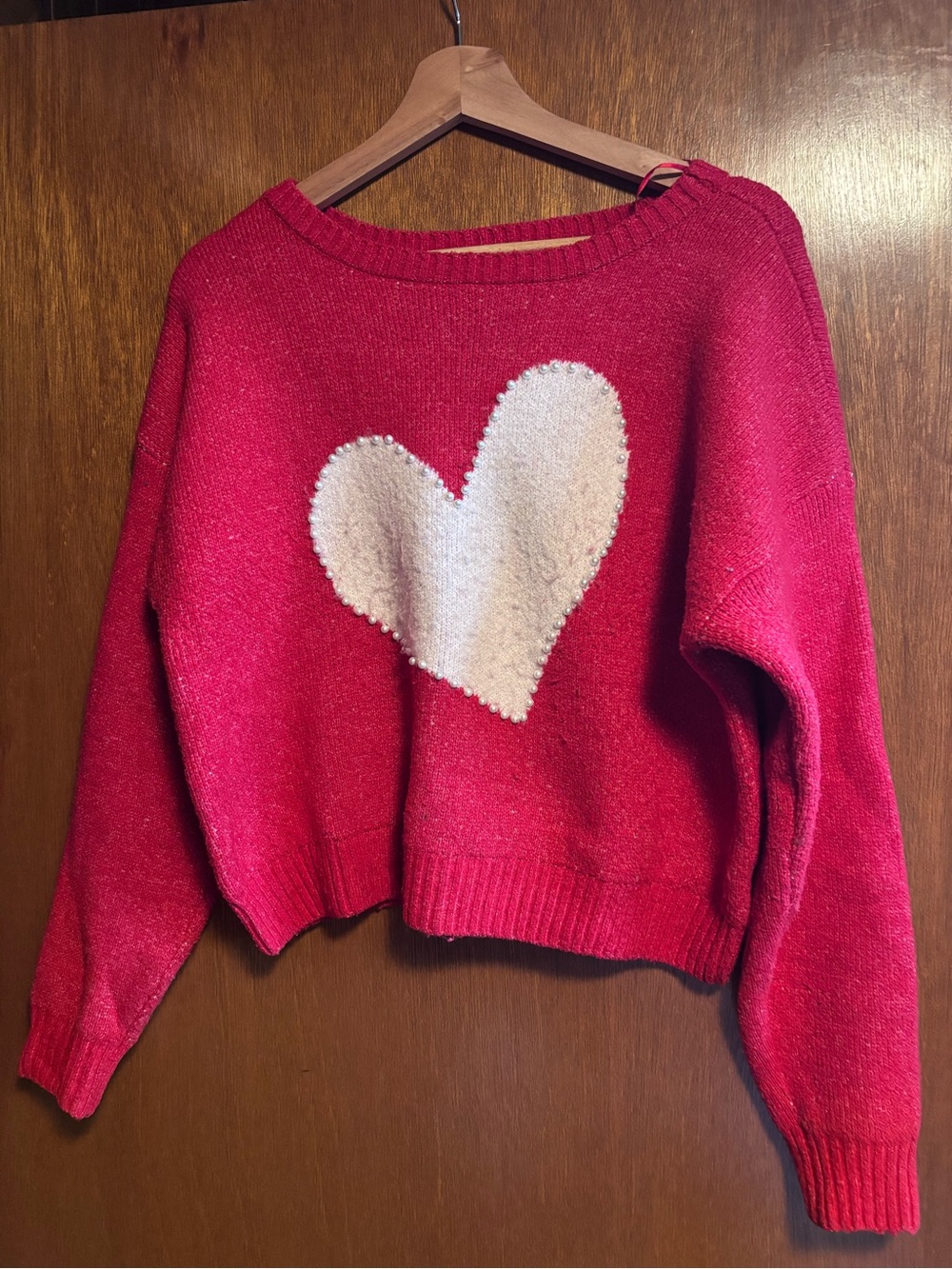 Pink Rose Red Crewneck Sweater with Cream Heart